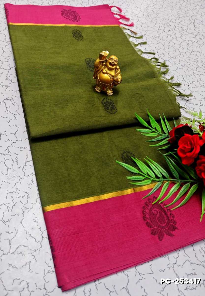 PURE COTTON HAND WORK BUTTAS SAREES –  OFFICE WEAR AND SUMMER SPECIAL COLLECTION - OLIVE GREEN