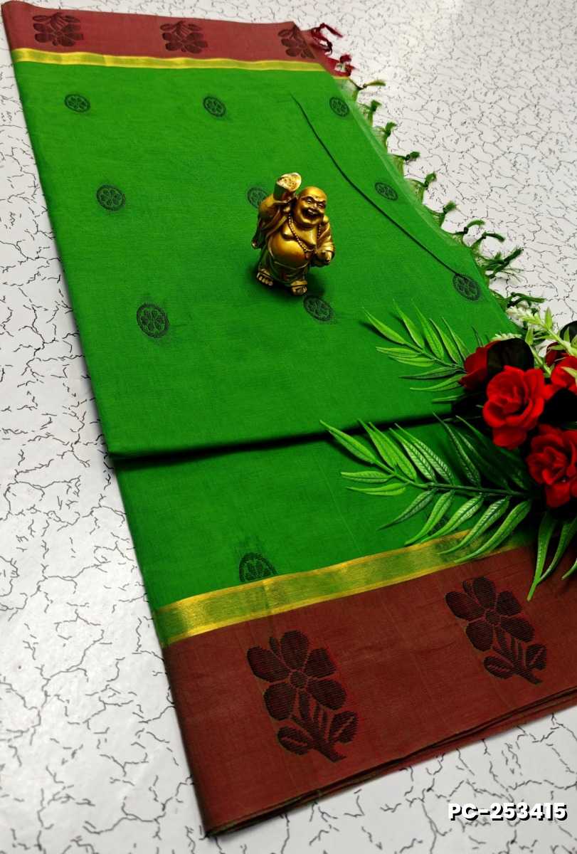 PURE COTTON HAND WORK BUTTAS SAREES –  OFFICE WEAR AND SUMMER SPECIAL COLLECTION - GREEN