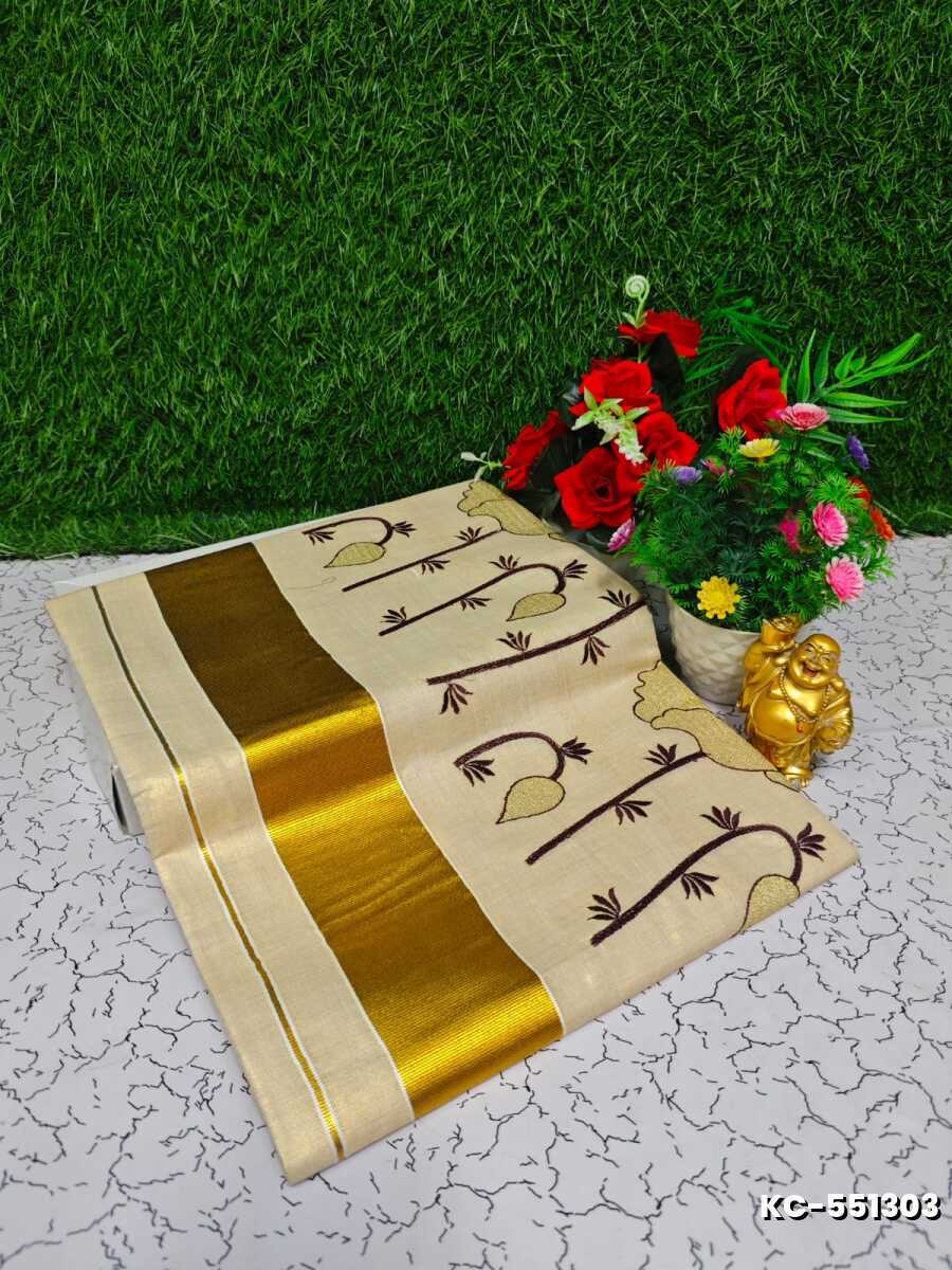 Trending Kerala Onam Special Kasavu Saree Full Work Embossed Digital Printing Tissue Saree Collections - GOLD