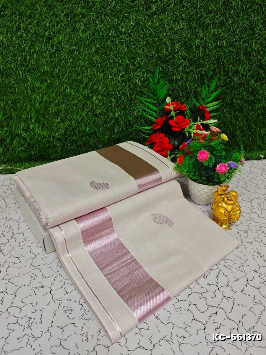 Trending Kerala Onam Special Kasavu Saree Full Work Embossed Digital Printing Tissue Saree Collections - IVORY COLOUR
