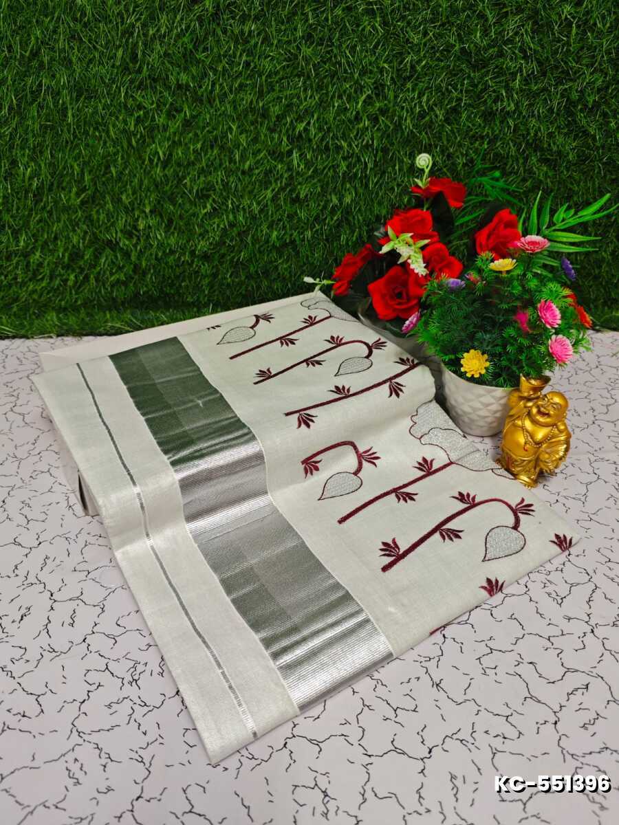 Trending Kerala Onam Special Kasavu Saree Full Work Embossed Digital Printing Tissue Saree Collections - WHITE N