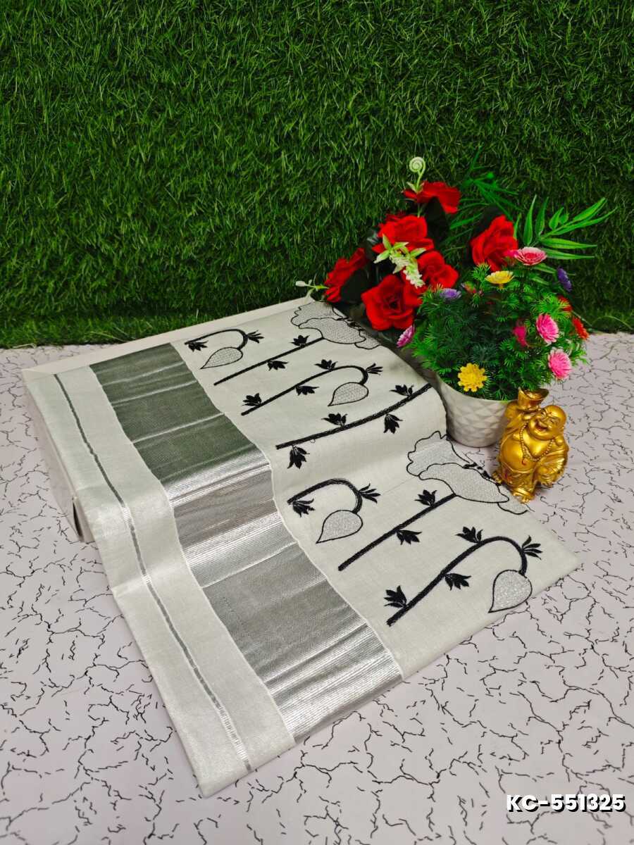 Trending Kerala Onam Special Kasavu Saree Full Work Embossed Digital Printing Tissue Saree Collections - WHITE