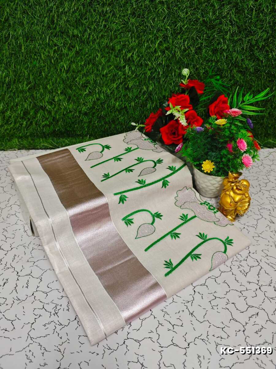 Trending Kerala Onam Special Kasavu Saree Full Work Embossed Digital Printing Tissue Saree Collections - BEIGE COLOUR