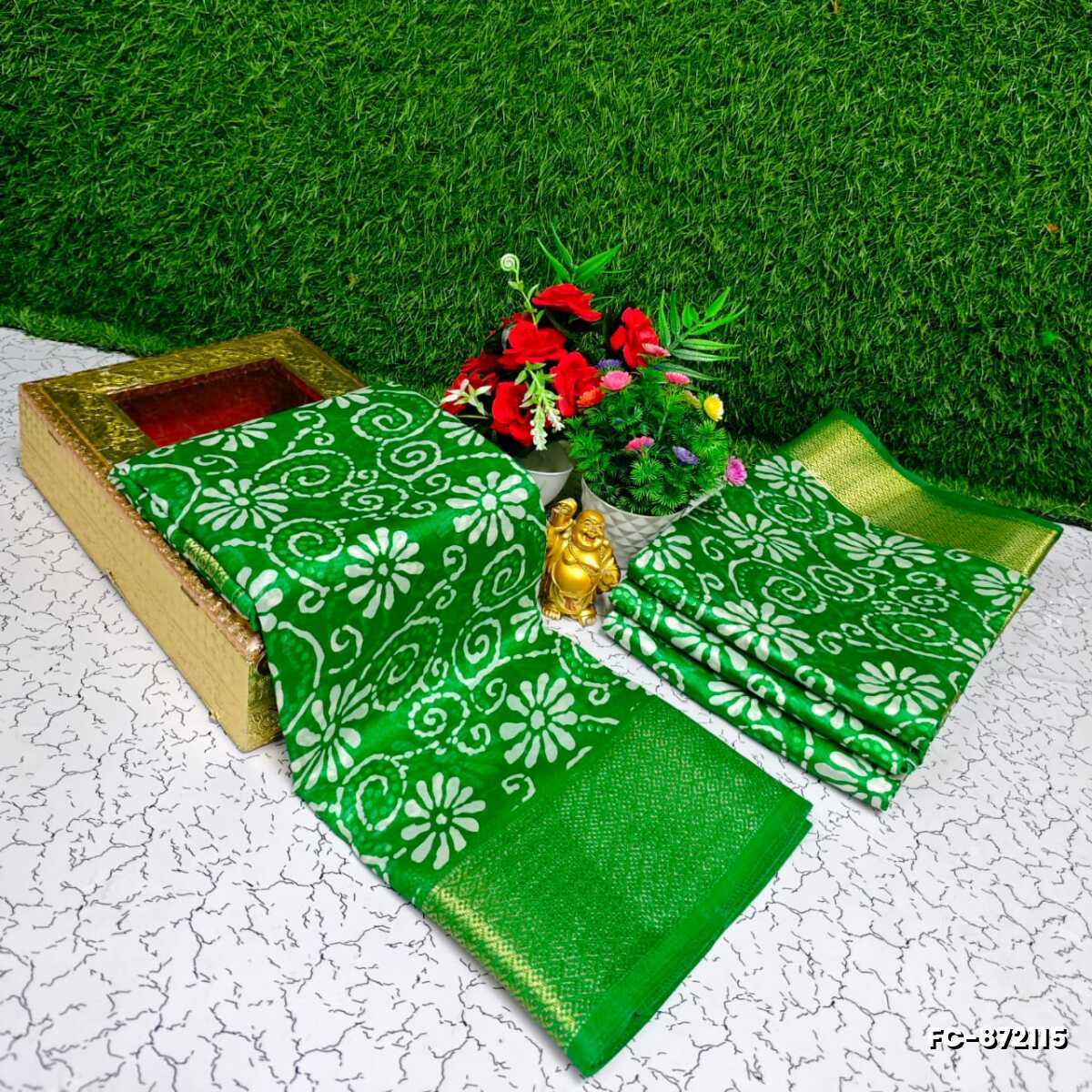 Fancy print office wear cotton sarees all over body kodi poo pattern design premium look lightweight comfortable wear - GREEN