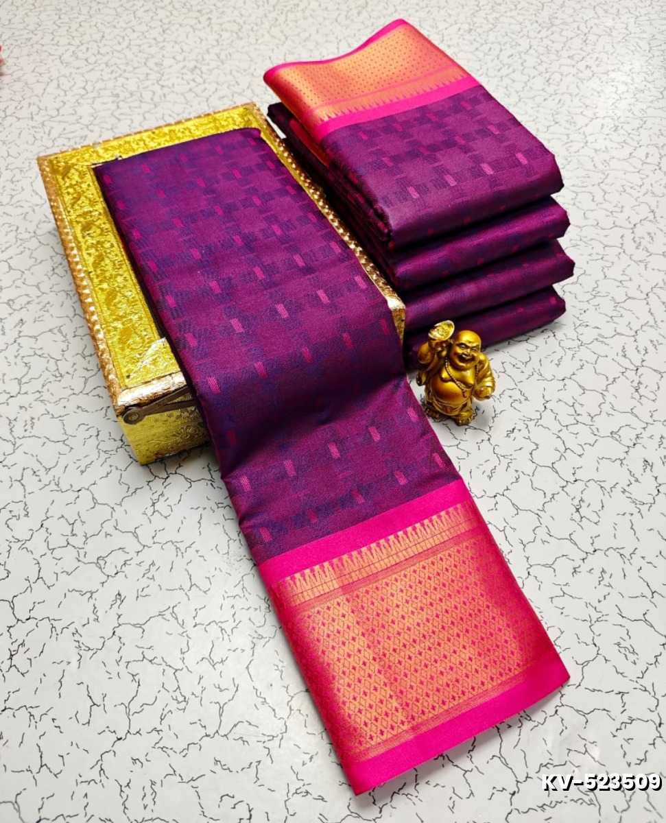 Kayal Premium Soft Silk Saree rich purple color body adorned with subtle checkered motifs and a striking contrast pink color border  - PURPLE COLOUR