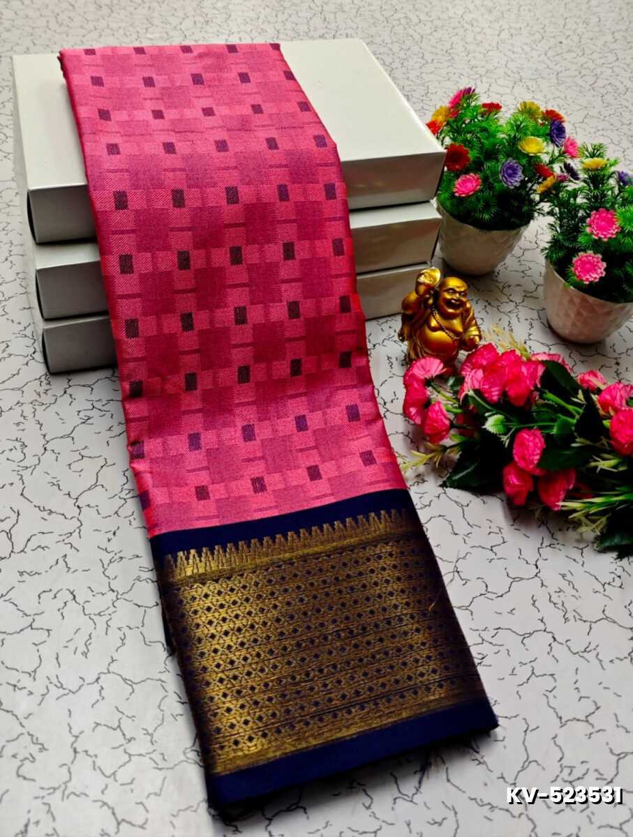 Kayal Premium Soft Silk Saree rich pink color body adorned with subtle checkered motifs and a striking contrast navy blue color border  - DARK PINK