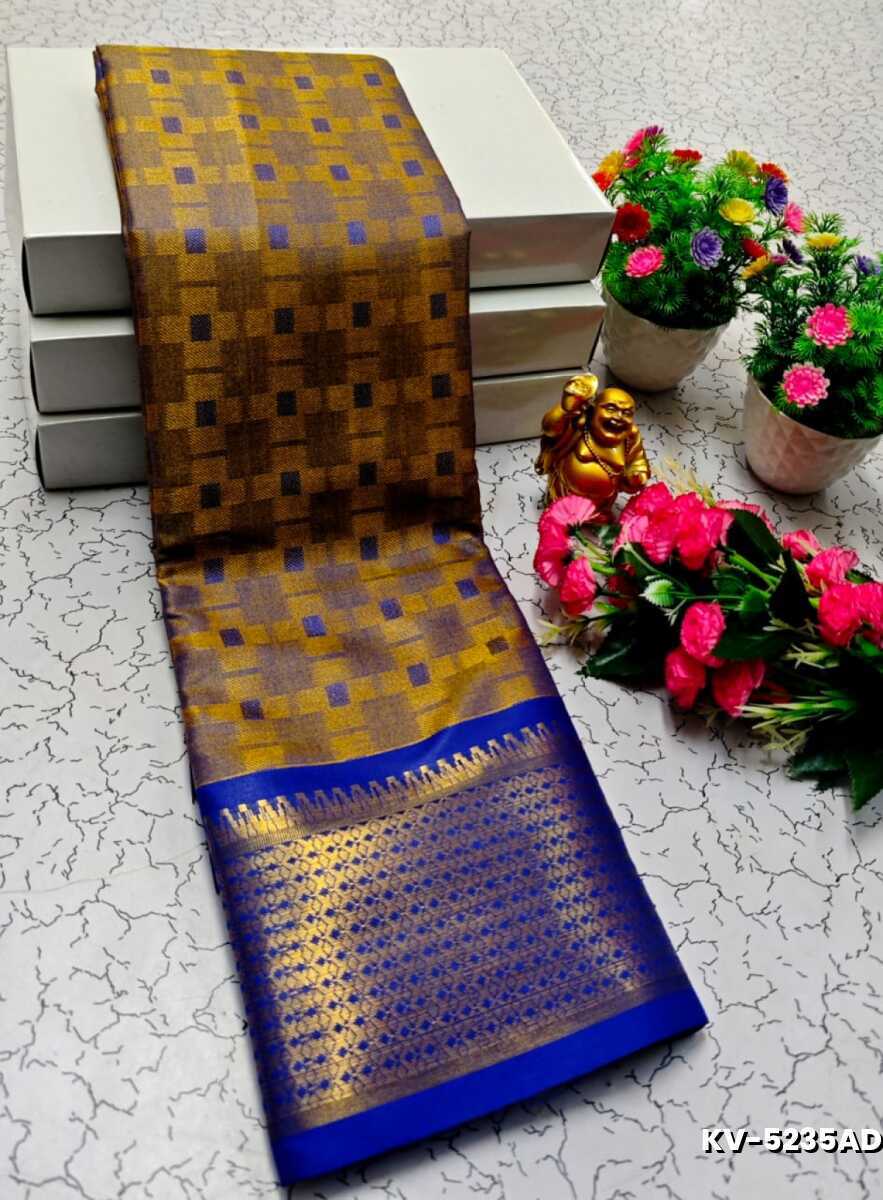 Kayal Premium Soft Silk Saree rich dark gold blue mixed color body adorned with subtle checkered motifs and a striking contrast navy blue border  - DARK GOLD