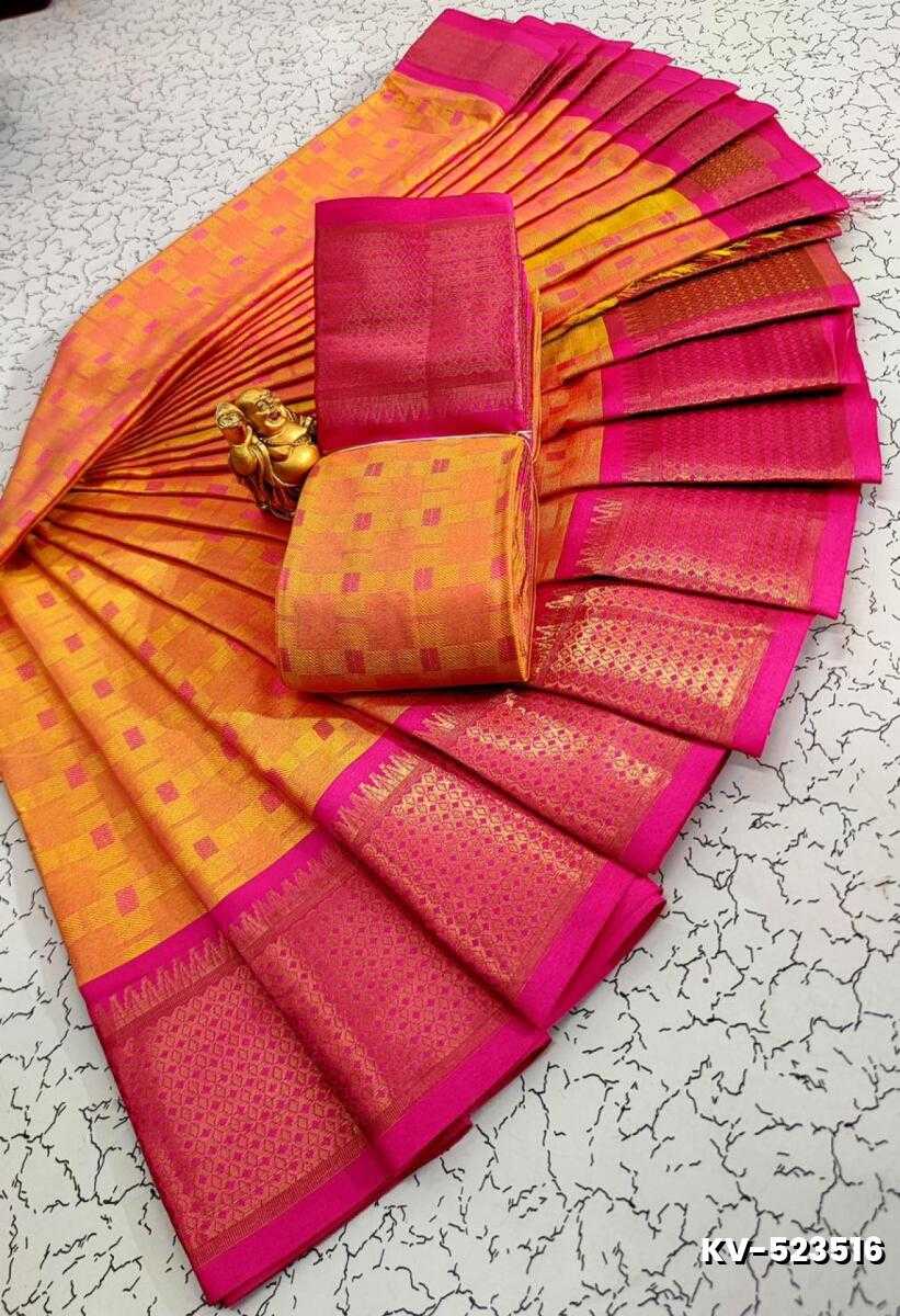 Kayal Premium Soft Silk Saree rich orange with pink mixed color body adorned with subtle checkered motifs and a striking contrast pink color border  - ORANGE