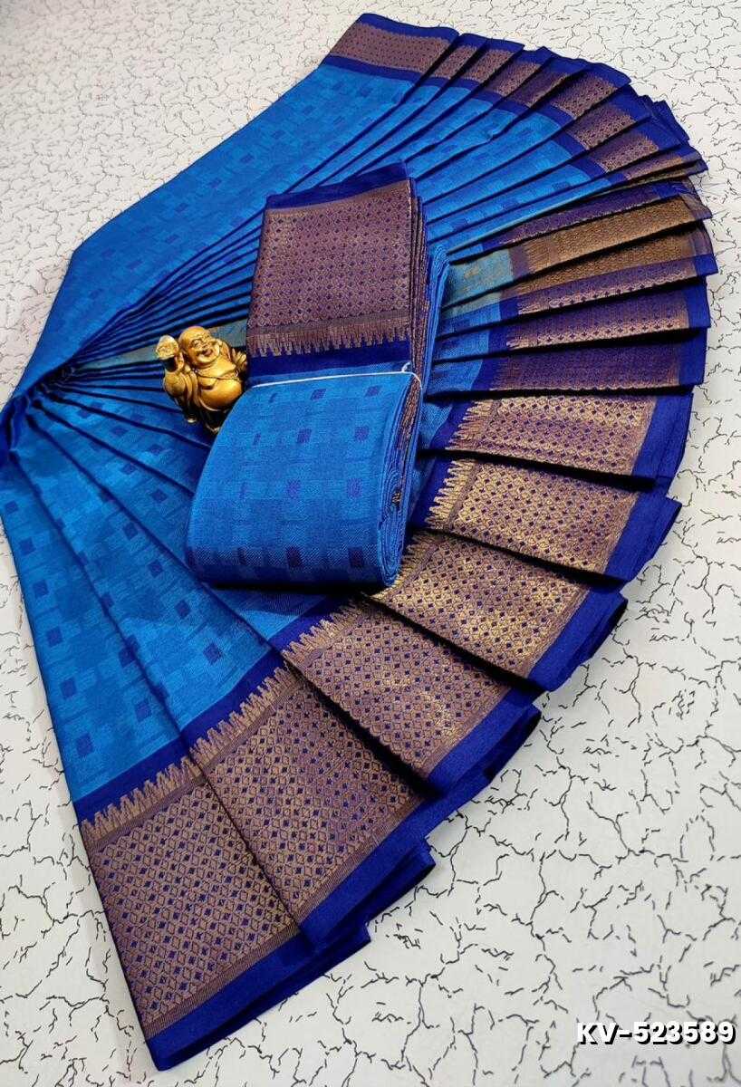 Kayal Premium Soft Silk Saree rich blue body adorned with subtle checkered motifs and a striking contrast navy blue border  - BLUE COLOUR