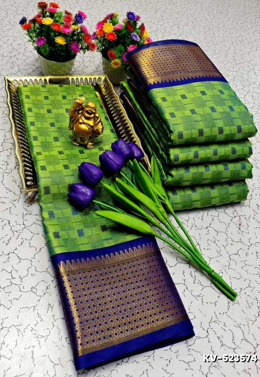 Kayal Premium Soft Silk Saree rich green with navy blue mixed color body adorned with subtle checkered motifs and a striking contrast navy blue border  - EMERALD COLOUR