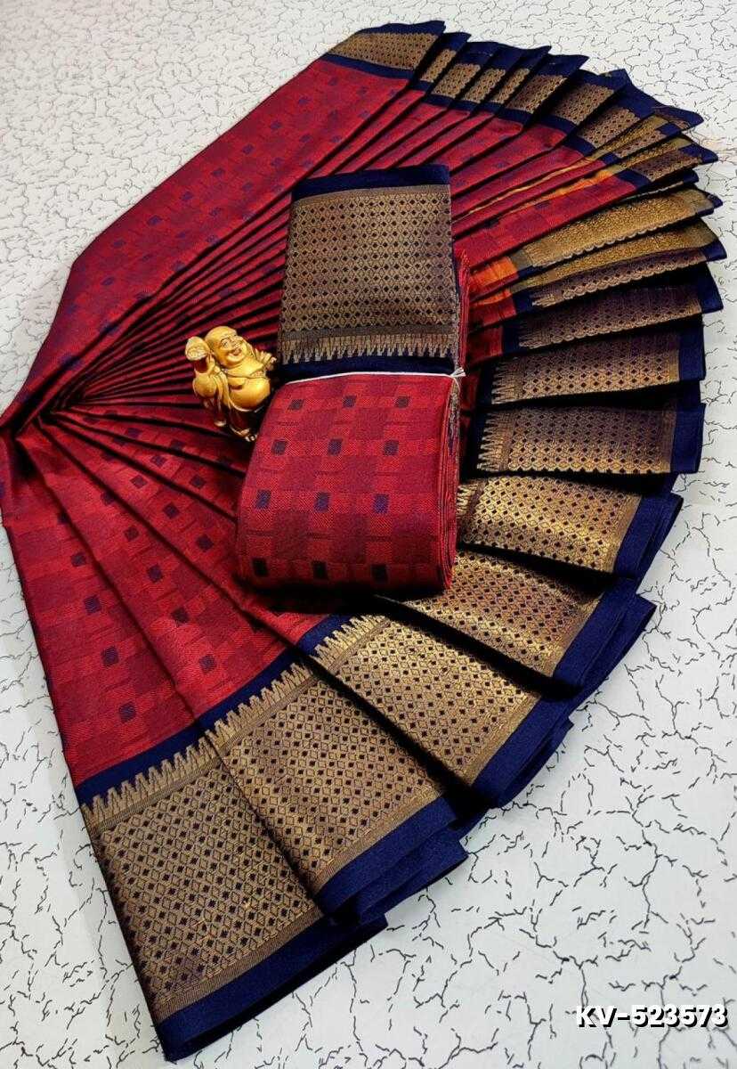 Kayal Premium Soft Silk Saree rich ruby with navy blue color mixed body adorned with subtle checkered motifs and a striking contrast navy blue border - RUBY COLOUR