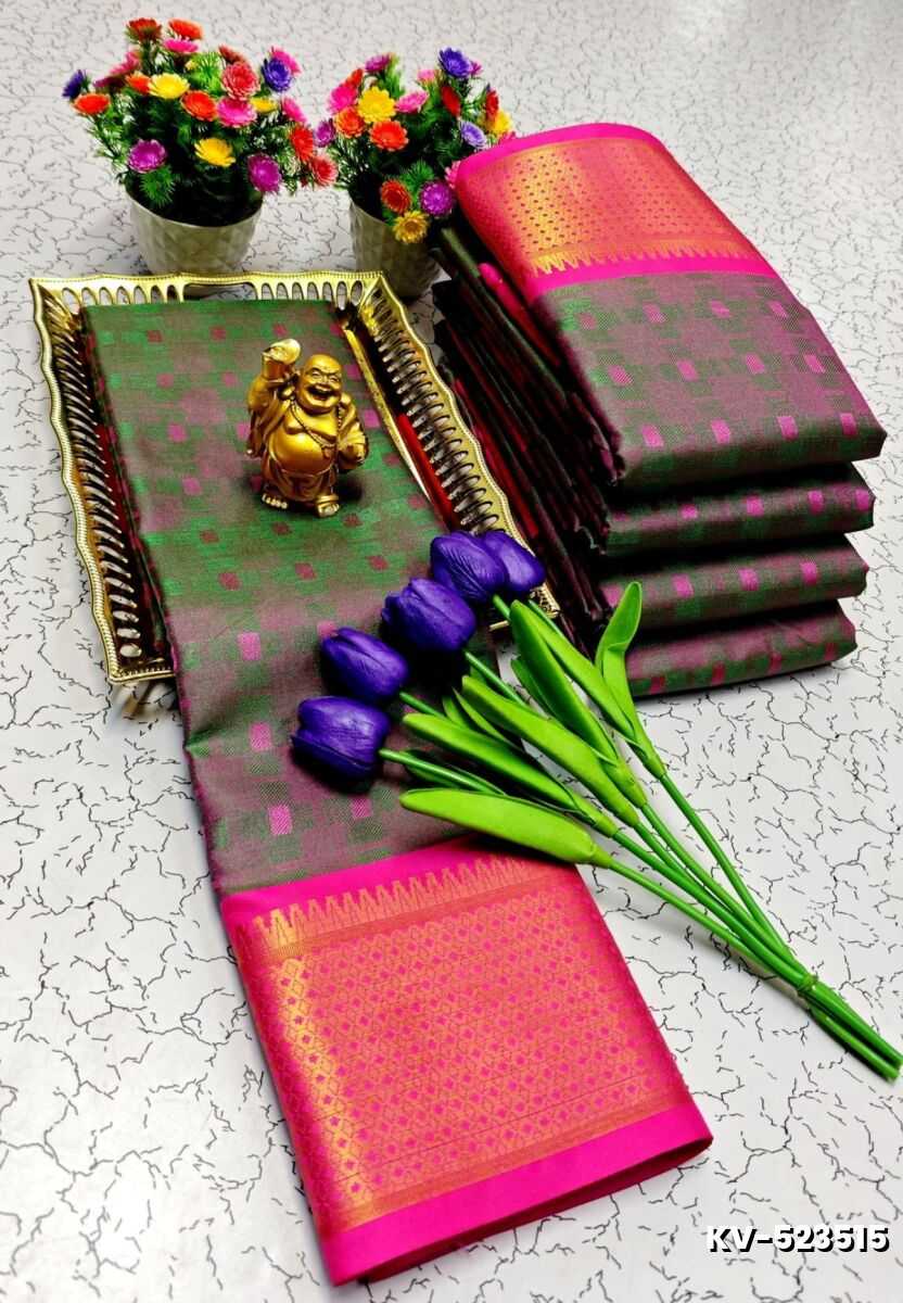 Kayal Premium Soft Silk Saree rich green with pink mixed color body adorned with subtle checkered motifs and a striking contrast pink border  - GREEN