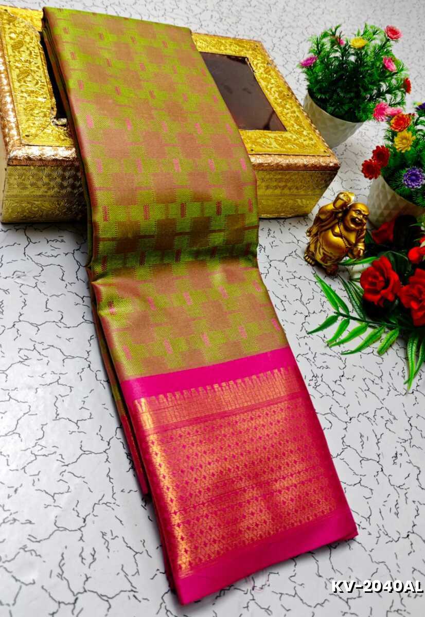 Kayal Premium Soft Silk Saree rich green with pink mixed color body adorned with subtle checkered motifs and a striking contrast pink border - LITE GREEN