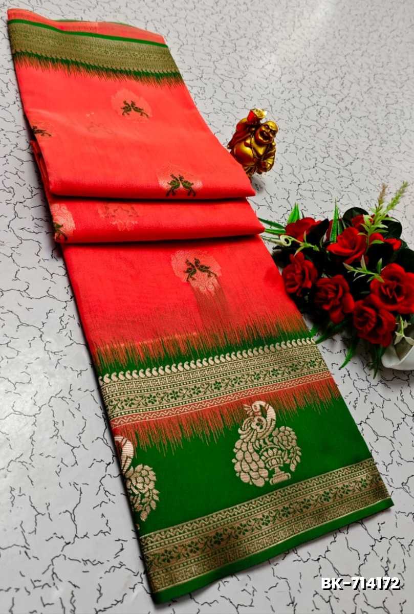 Banarasi with our banarasi cotton fabric — a beautiful fusion of classic artistry and breathable comfort wear saree - CORAL COLOUR (1)