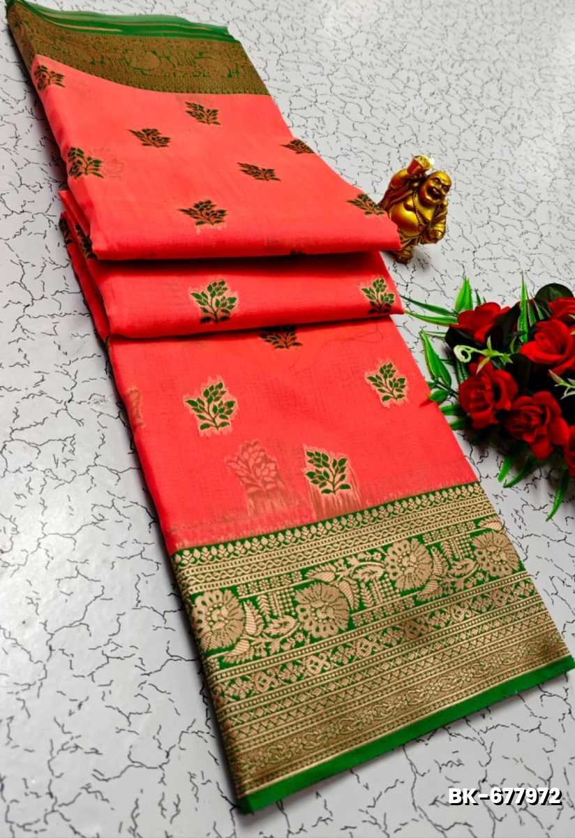 Banarasi with our banarasi cotton fabric — a beautiful fusion of classic artistry and breathable comfort wear saree - CORAL COLOUR (3)