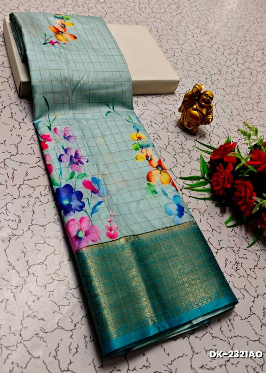 Elegant Floral Dola Silk Saree with Zari Border - ICE BLUE (1)