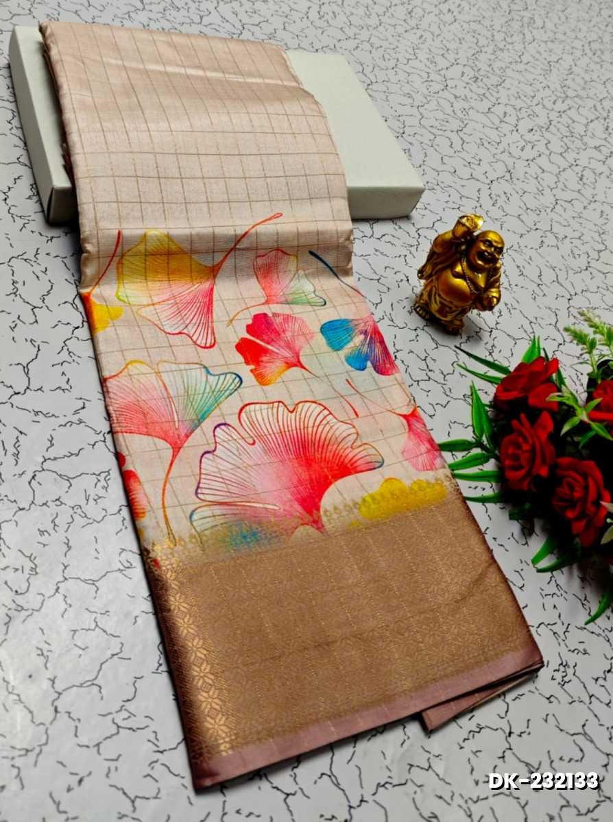 Elegant Floral Dola Silk Saree with Zari Border - CREAM (4)