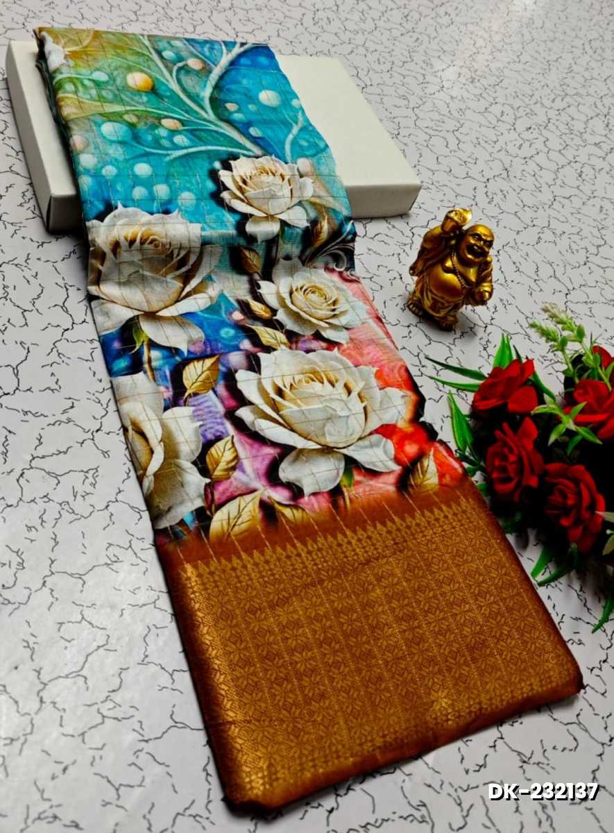 Elegant Floral Dola Silk Saree with Zari Border - LIGHT BLUE (1)