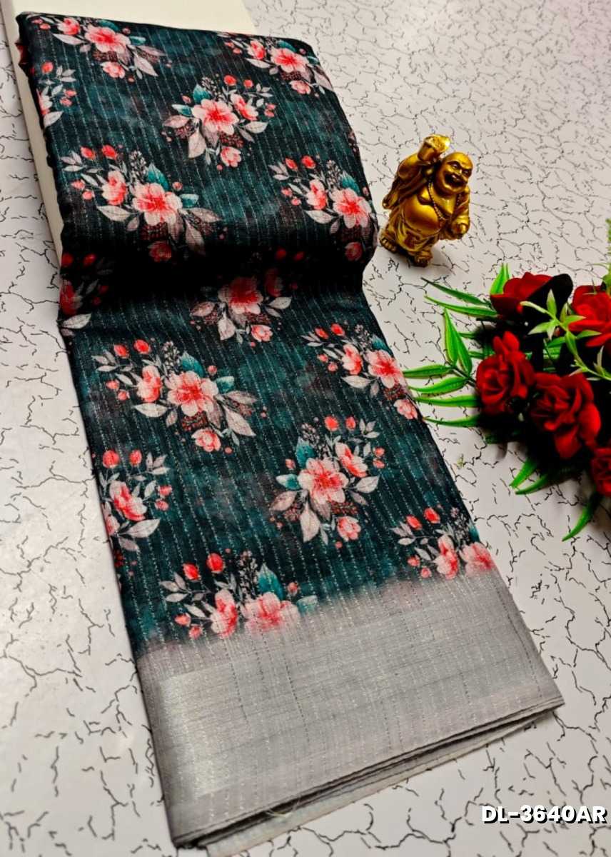 Digital printing linen cotton  trending sarees - PEACOCK GREEN