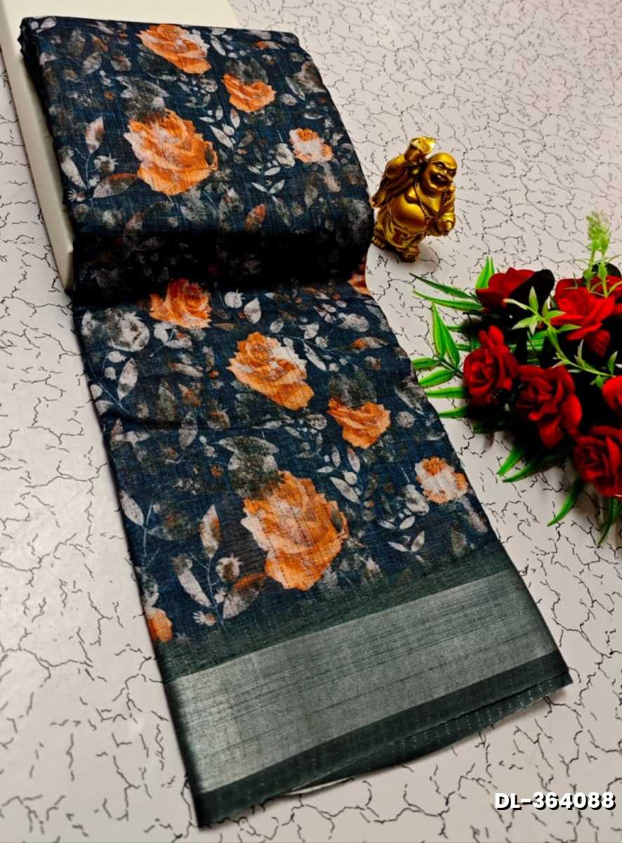 Digital printing linen cotton  trending sarees - PEACKOK BLUE