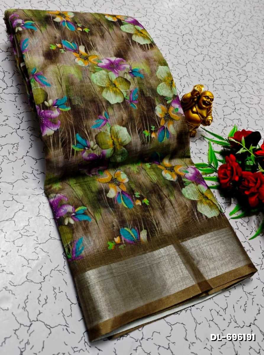 Digital printing linen cotton  trending sarees - LIGHT OLIVE