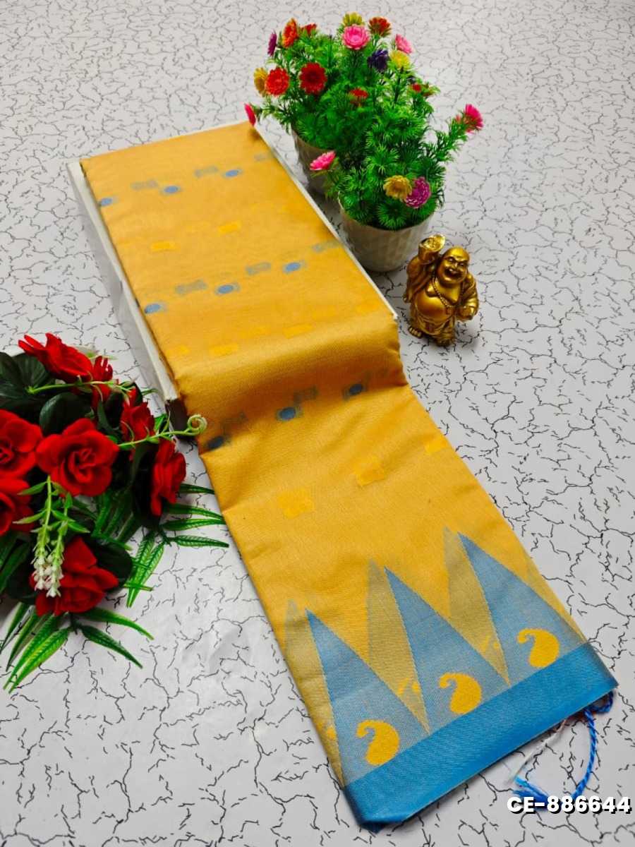 Premium Monika Cotton  saree rapier fancy light weight silk type sarees flower design function wear - LIGHT YELLOW (1)