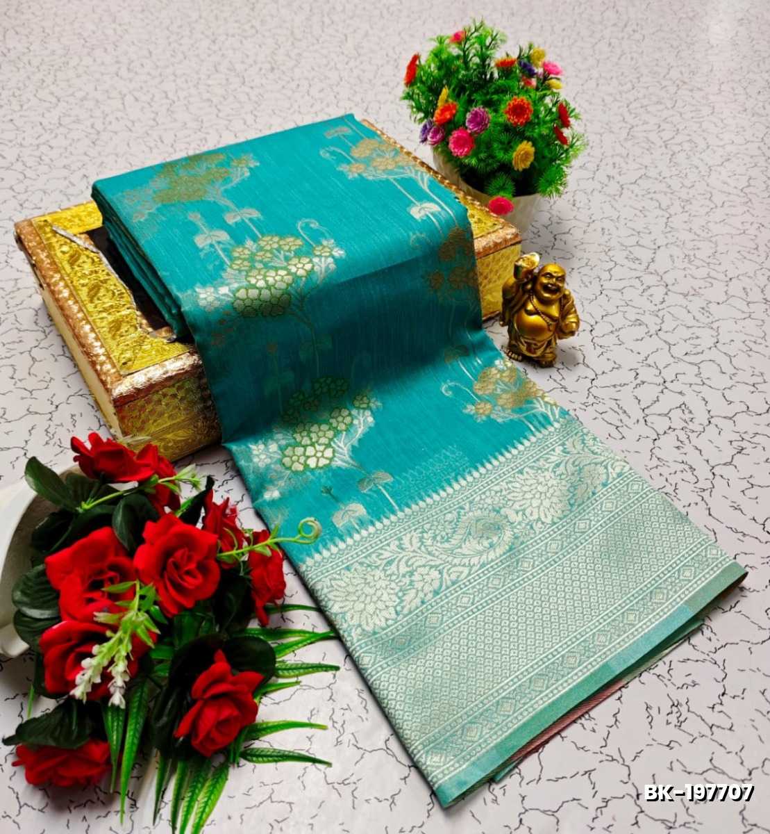 Banaras with our banarasi cotton fabric a beautiful fusion of classic artistry and breathable comfort wear saree - TEAL COLOUR