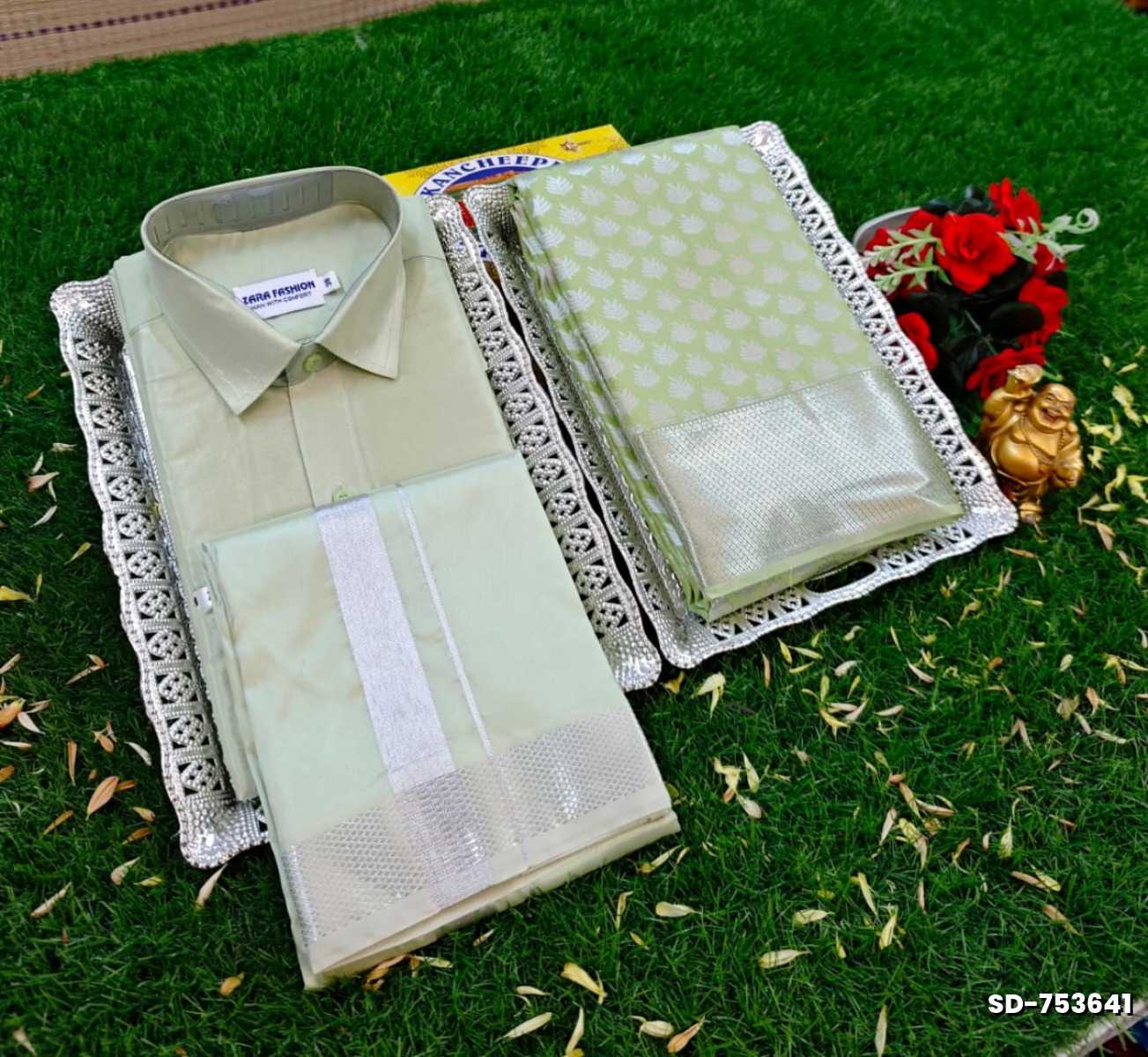 Elegant Silk Dhoti Shirt & Saree Couple Combo coordinated look for special occasions - LIGHT GREEN (3)