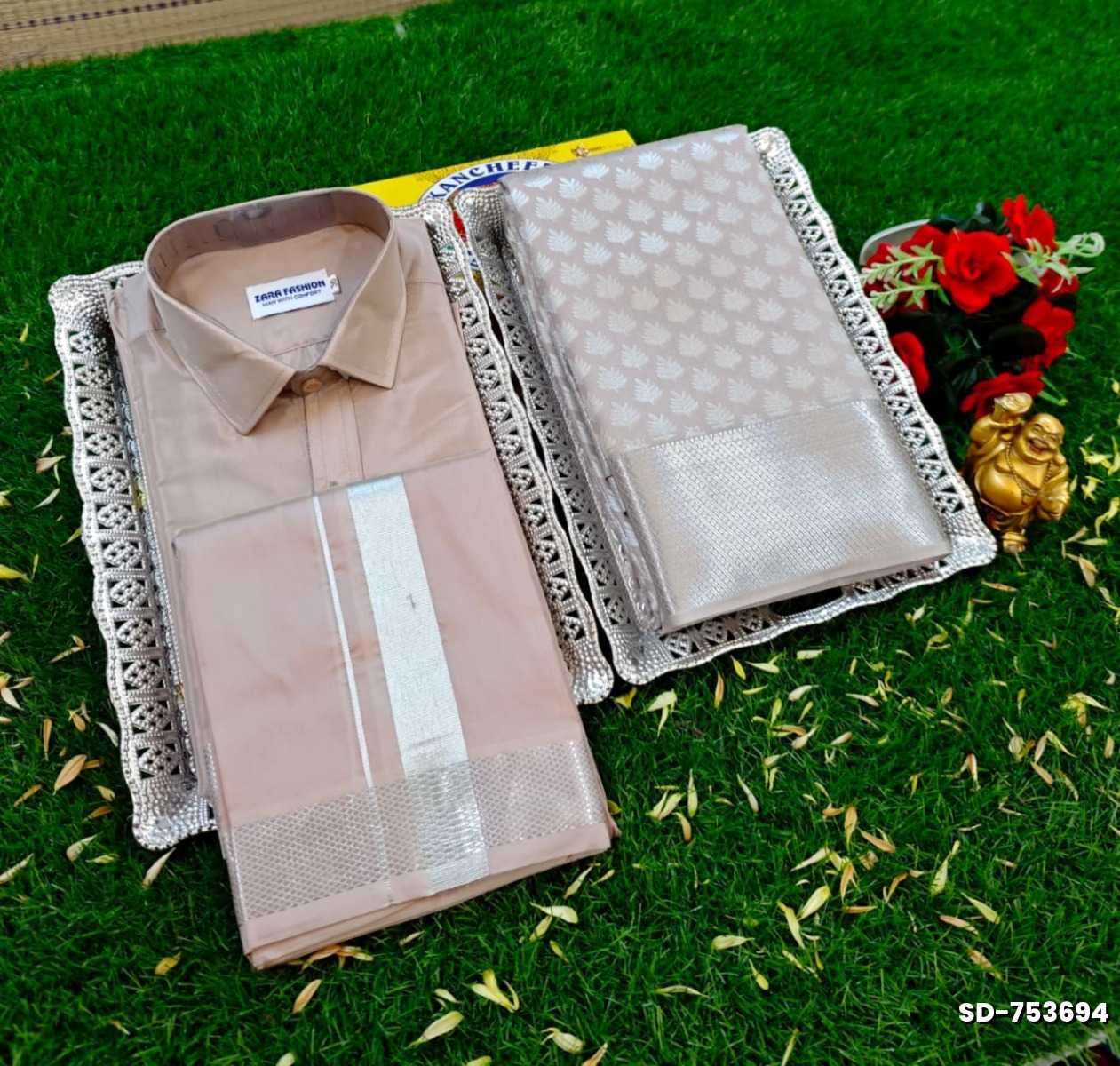 Elegant Silk Dhoti Shirt & Saree Couple Combo coordinated look for special occasions - CHOCOLATE COLOR (3)