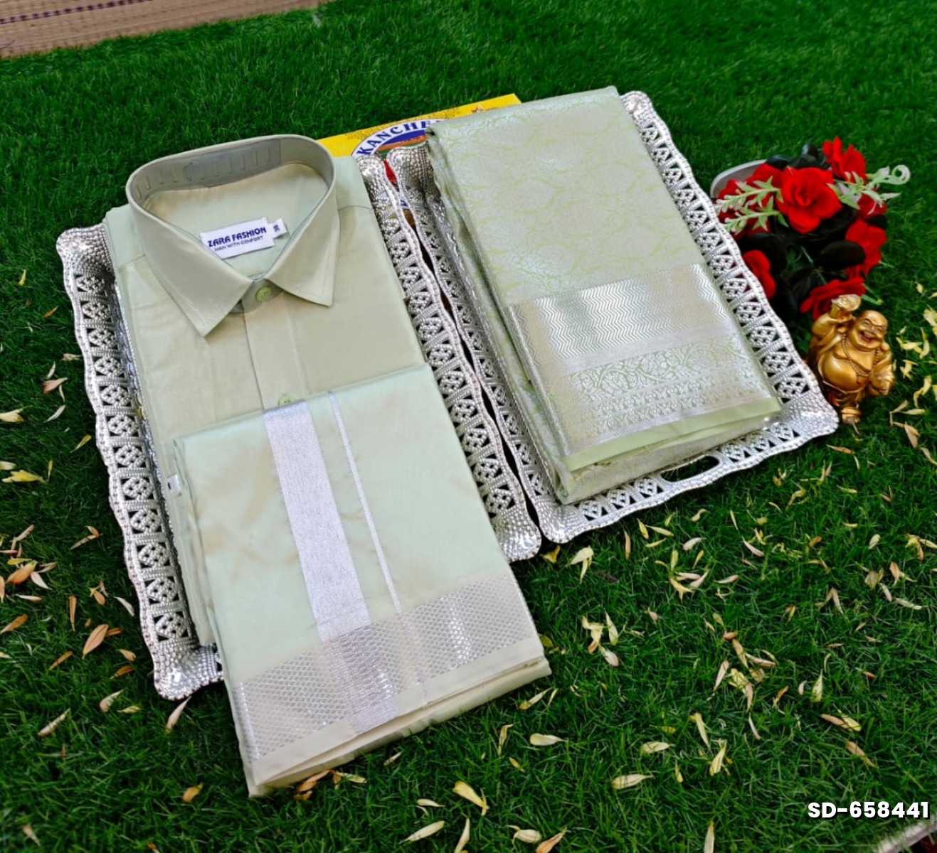 Elegant Silk Dhoti Shirt & Saree Couple Combo coordinated look for special occasions - LIGHT GREEN (4)