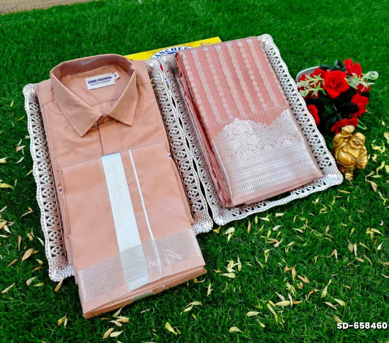 Elegant Silk Dhoti Shirt & Saree Couple Combo coordinated look for special occasions - CREAM COLOR (4)
