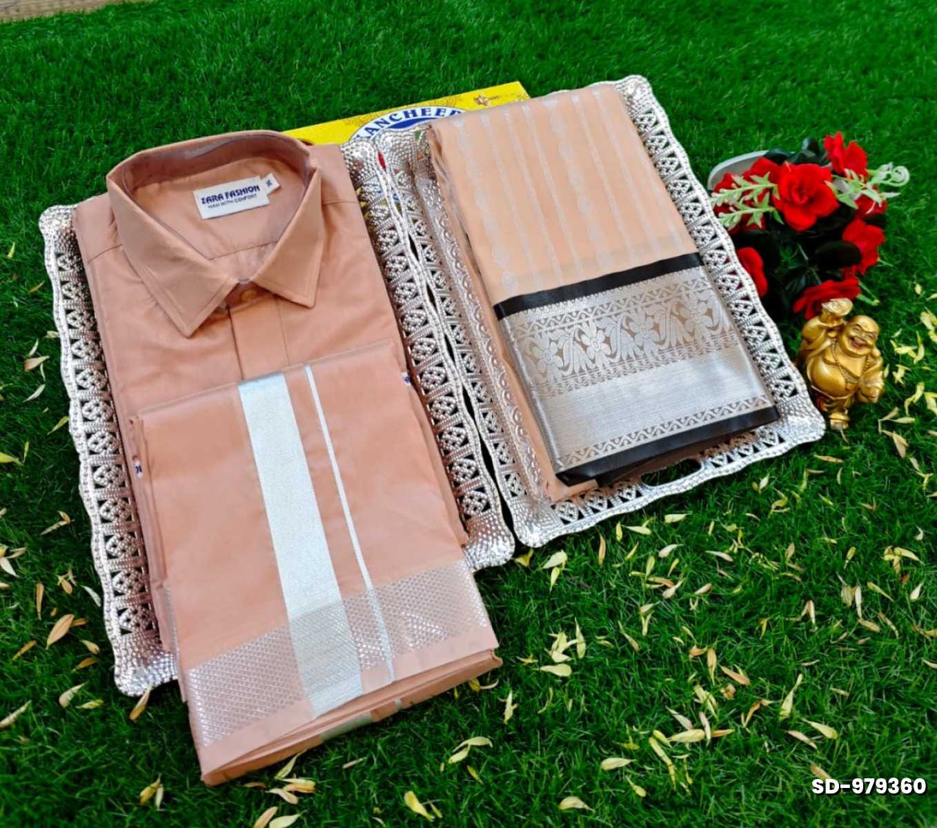 Elegant Silk Dhoti Shirt & Saree Couple Combo coordinated look for special occasions - CREAM COLOR (5)