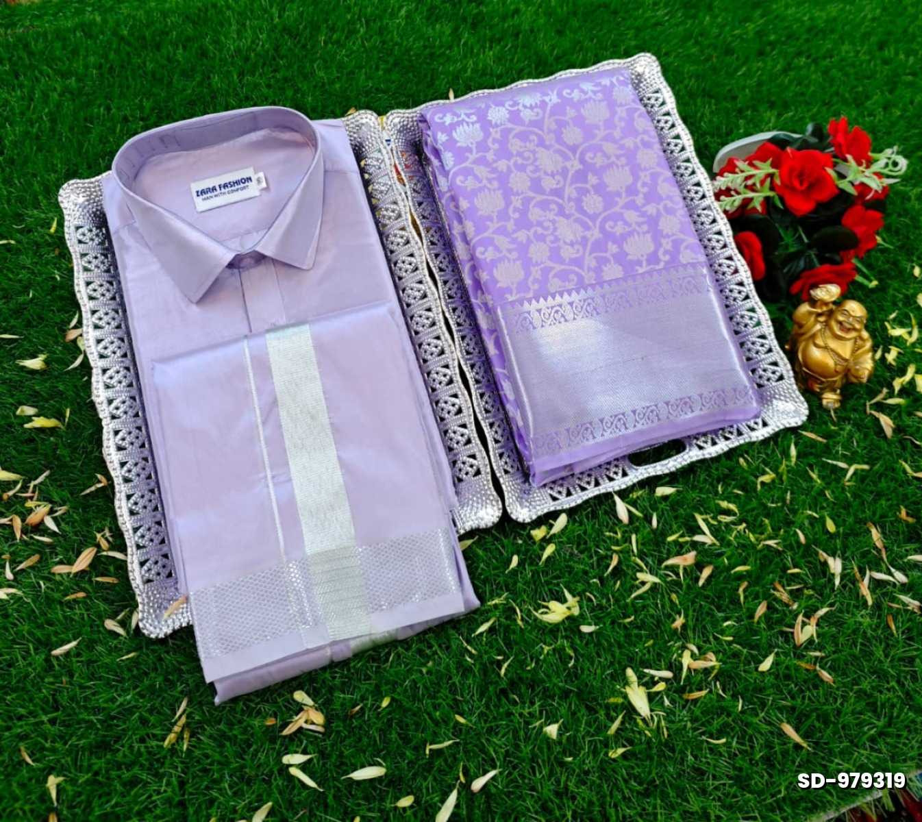 Elegant Silk Dhoti Shirt & Saree Couple Combo coordinated look for special occasions - LEVENDOR (5)