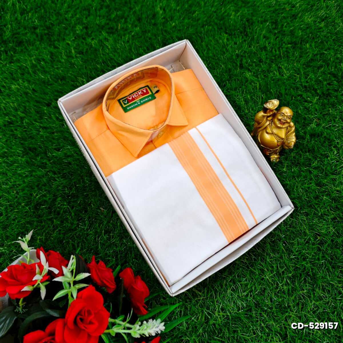 SHIRTS & DHOTIS COMBO FOR MENS ADJUSTABLE DHOTIS WITH COLOUR MATCHING BORDER BEST CHOICE FOR BOYS - LIGHT ORANGE