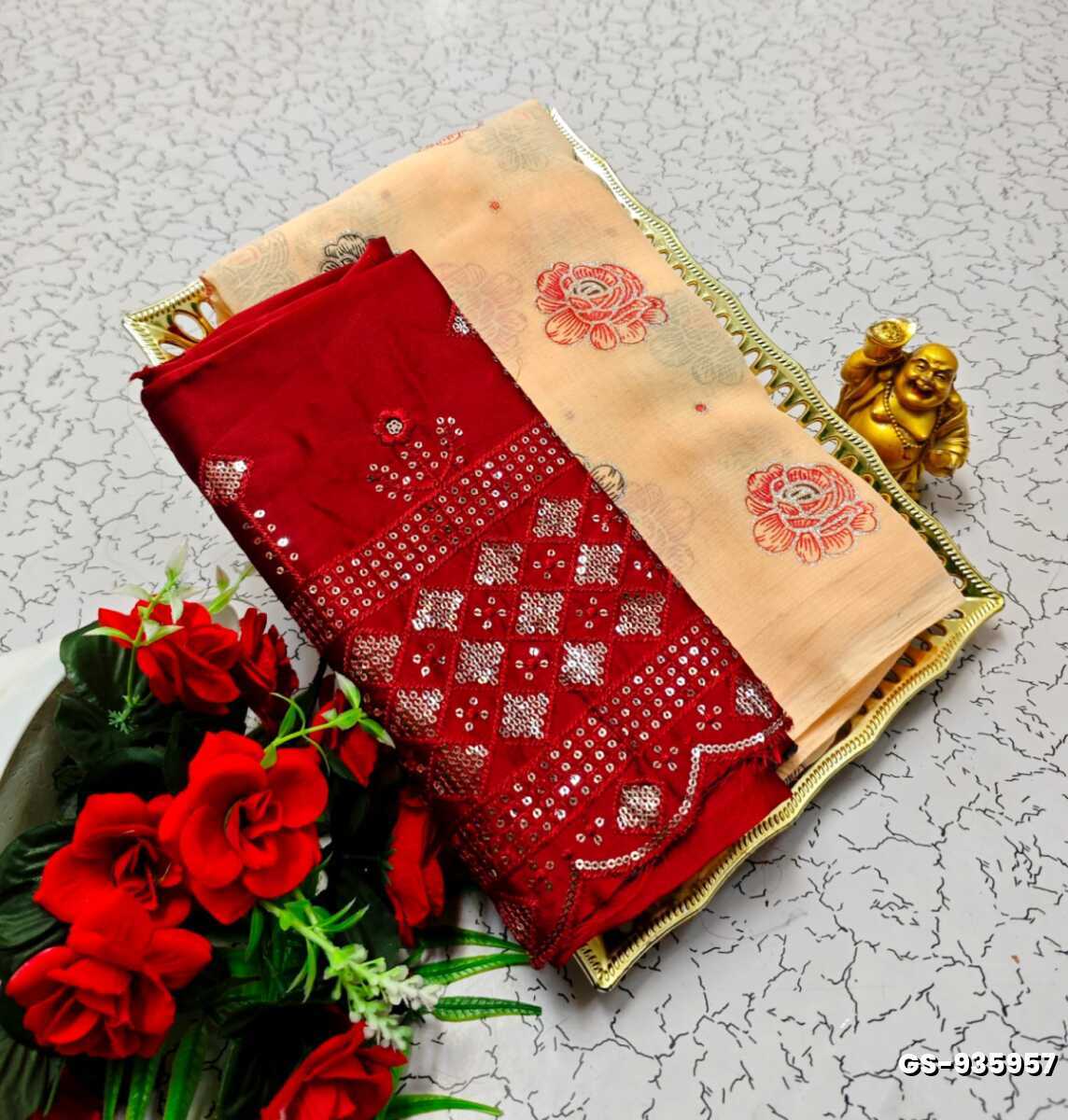 GEORGETTE FANCY SOFT SILK SAREES WITH BLOUSE MODERN FANCY ITEM SAREES - LIGHT ORANGE (4)