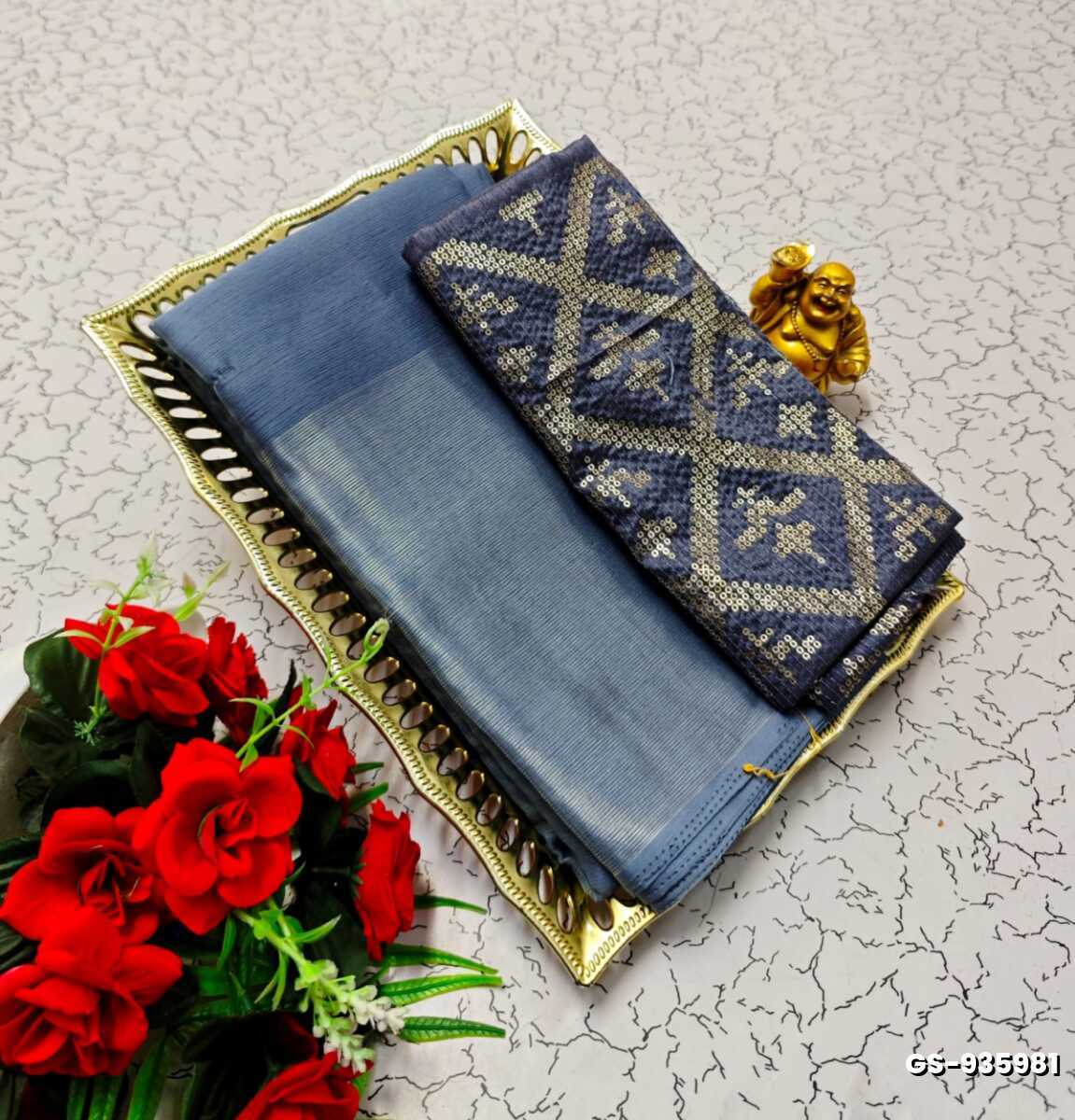 GEORGETTE FANCY SOFT SILK SAREES WITH BLOUSE MODERN FANCY ITEM SAREES - METALLIC SILVAR