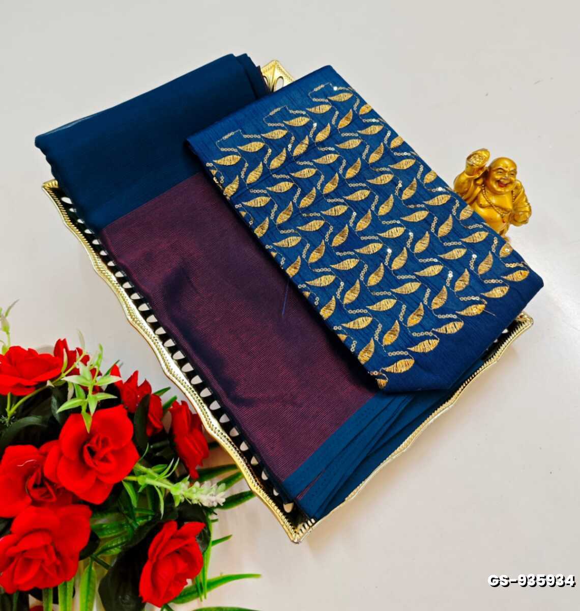 GEORGETTE FANCY SOFT SILK SAREES WITH BLOUSE MODERN FANCY ITEM SAREES - PEACOCK BLUE (8)