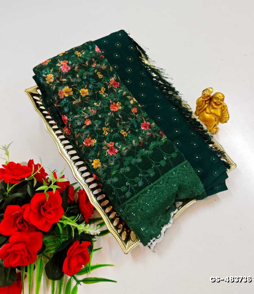 GEORGETTE FANCY SOFT SILK SAREES WITH BLOUSE MODERN FANCY ITEM SAREES - BOTTLE GREEN (10)