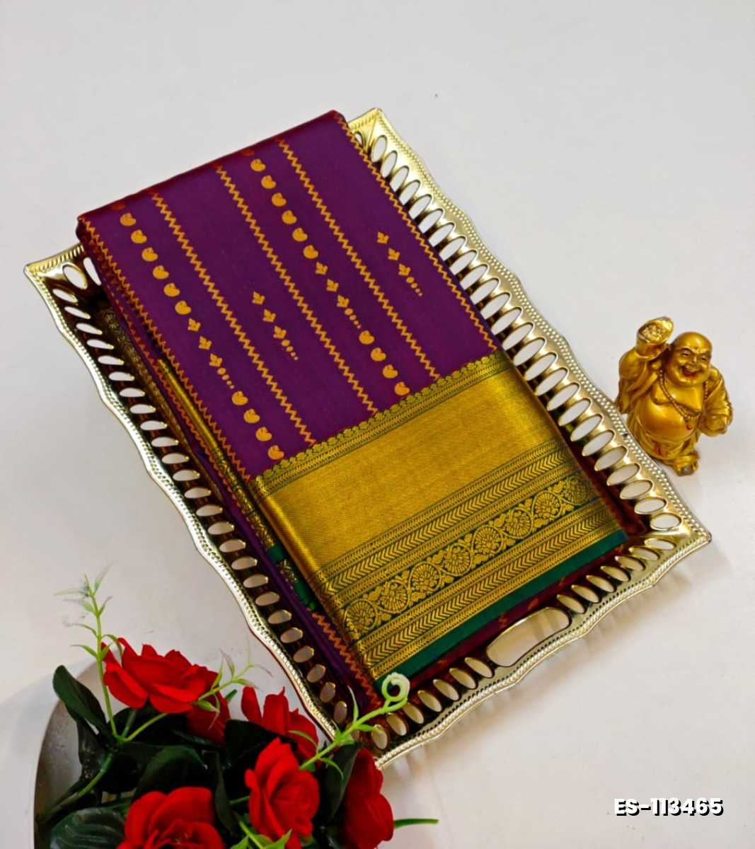 BRIDAL SILK GOLD SILVAR AND COPPER ZARI WEAVE AND WEDDING ART SILK SAREES - INDIGO COLOUR (1)