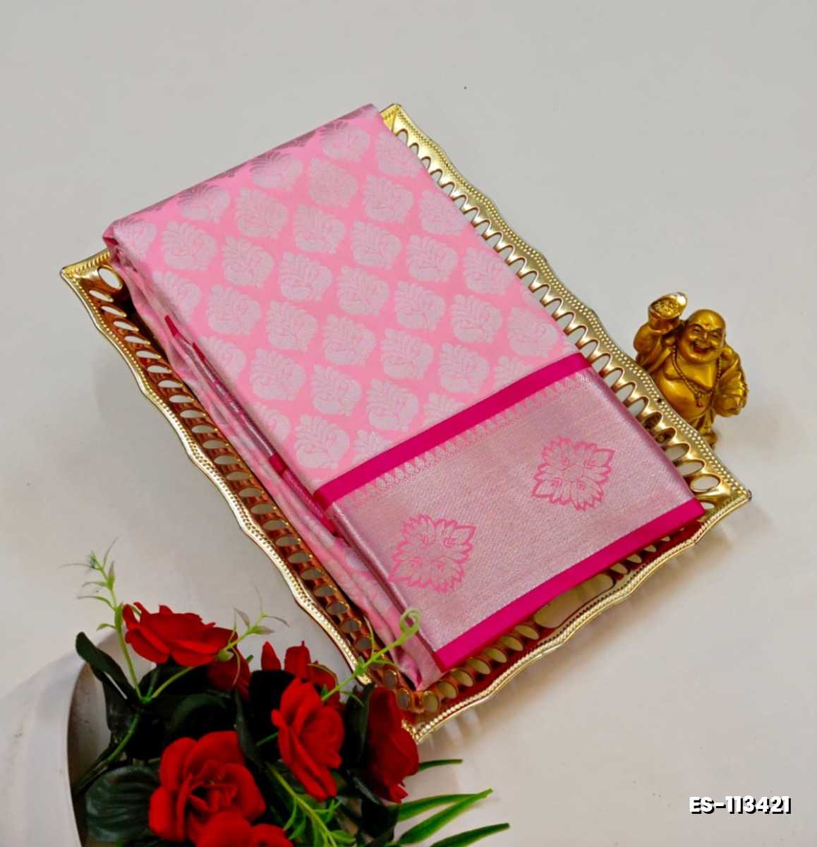 BRIDAL SILK GOLD SILVAR AND COPPER ZARI WEAVE AND WEDDING ART SILK SAREES - BABY PINK (13)