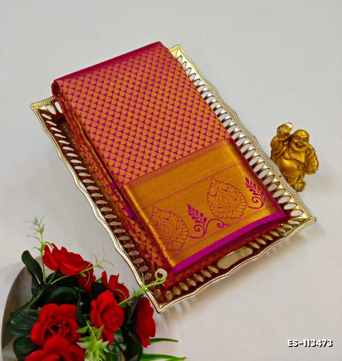 BRIDAL SILK GOLD SILVAR AND COPPER ZARI WEAVE AND WEDDING ART SILK SAREES - RUBY COLOUR (2)