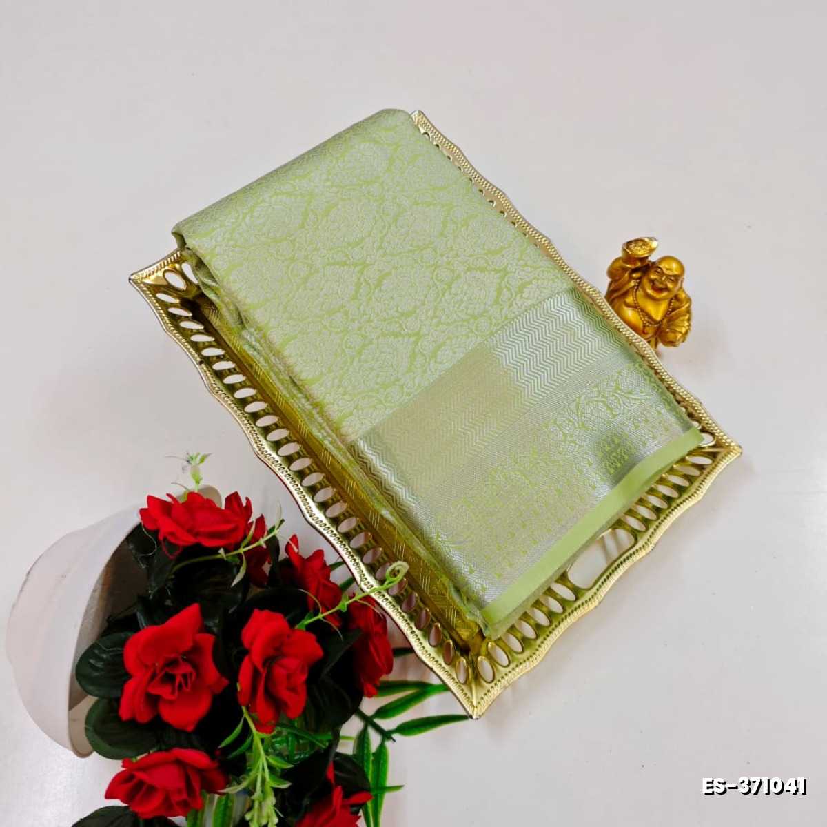 BRIDAL SILK GOLD SILVAR AND COPPER ZARI WEAVE AND WEDDING ART SILK SAREES - LIGHT GREEN (7)