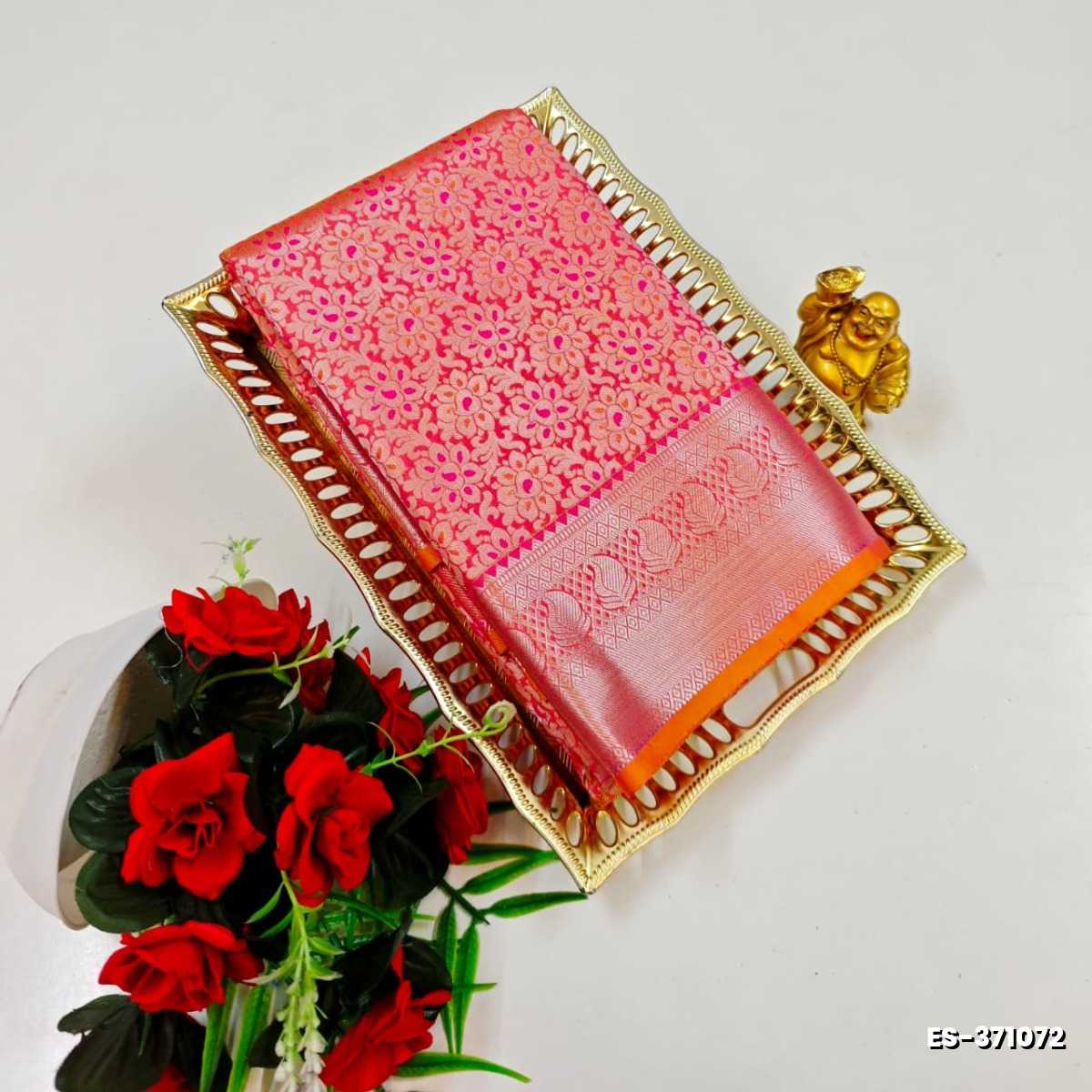 BRIDAL SILK GOLD SILVAR AND COPPER ZARI WEAVE AND WEDDING ART SILK SAREES - CORAL COLOUR (7)