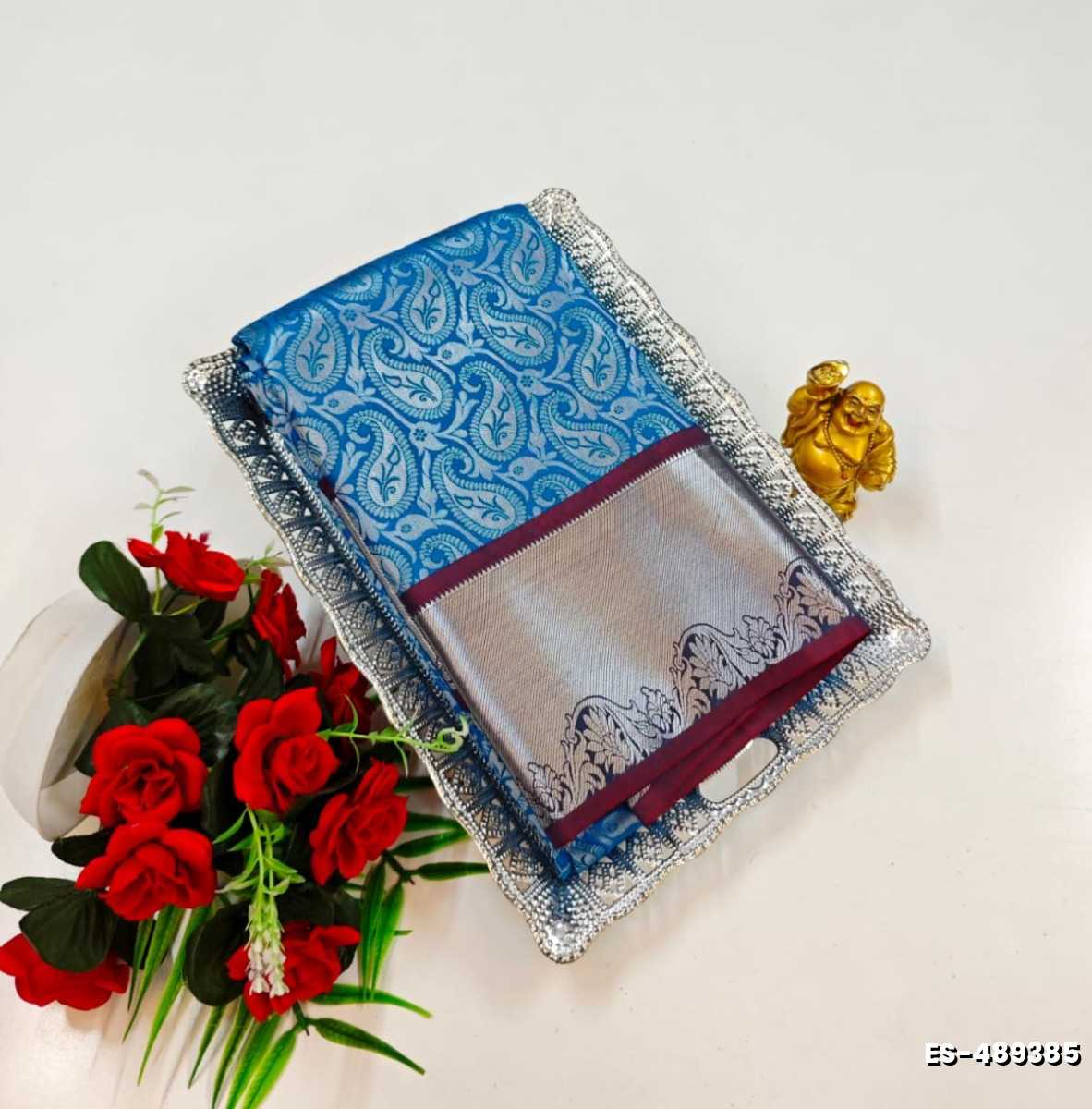 BRIDAL SILK GOLD SILVAR AND COPPER ZARI WEAVE AND WEDDING ART SILK SAREES - BLUE SHADE (4)