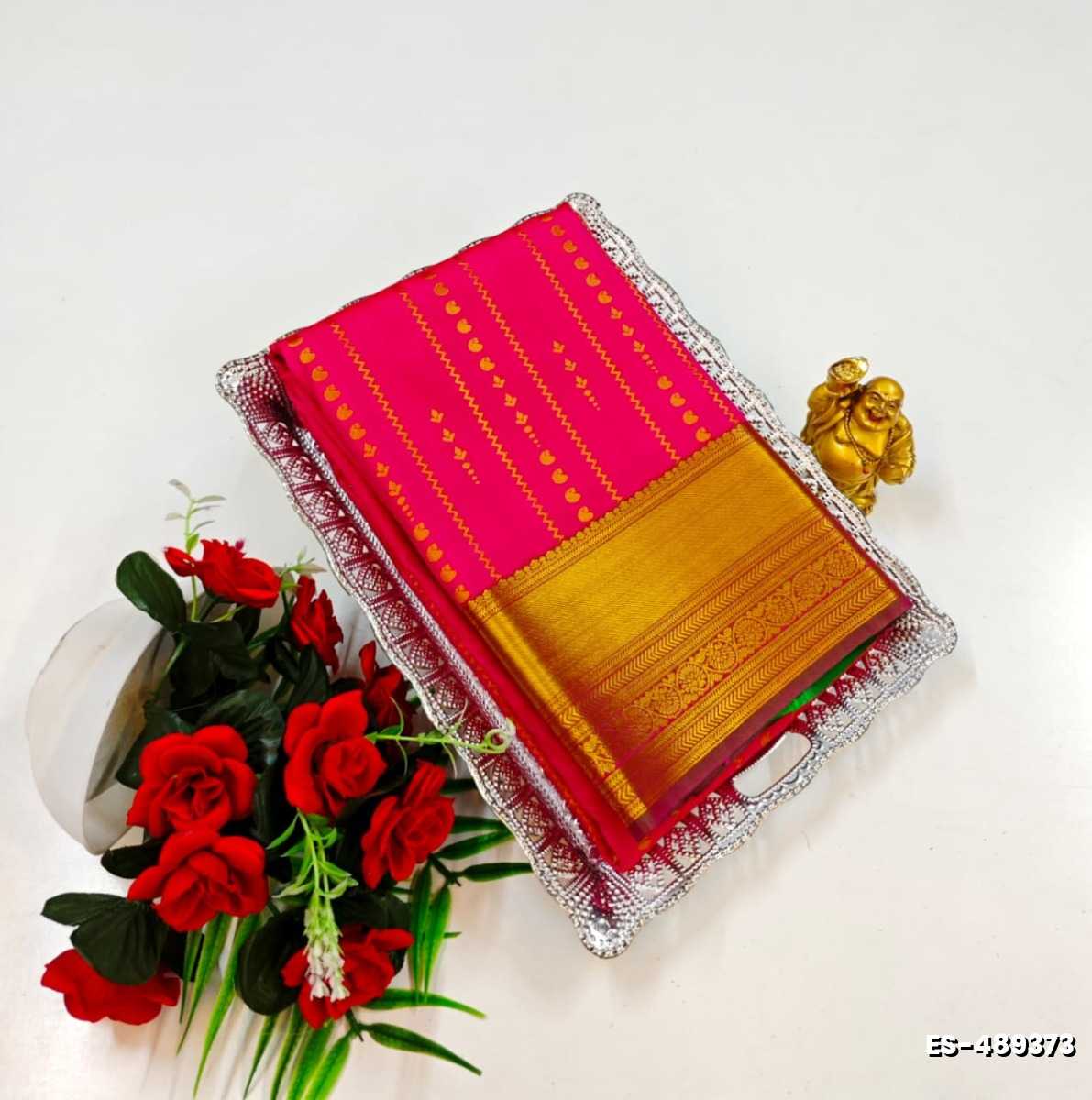 BRIDAL SILK GOLD SILVAR AND COPPER ZARI WEAVE AND WEDDING ART SILK SAREES - RUBY COLOUR (3)