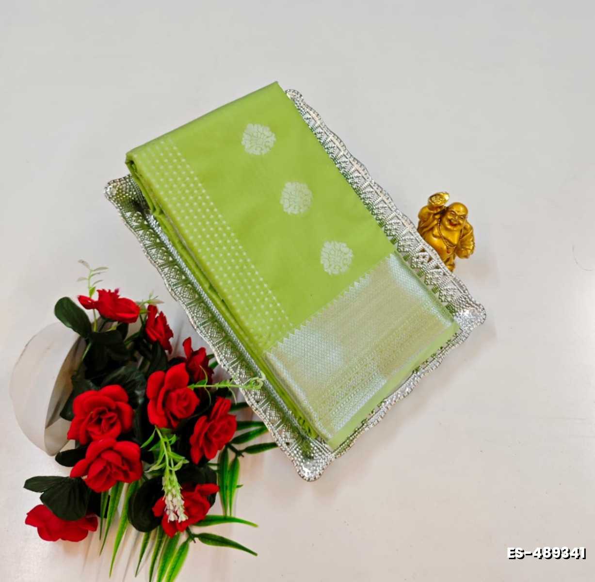 BRIDAL SILK GOLD SILVAR AND COPPER ZARI WEAVE AND WEDDING ART SILK SAREES - LIGHT GREEN (8)