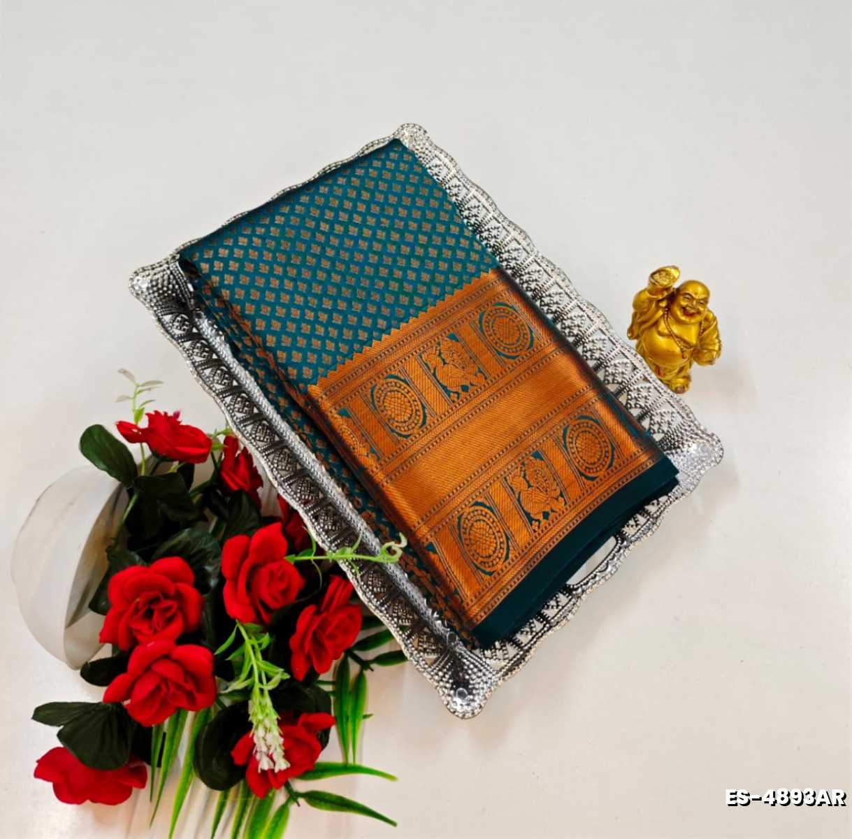 BRIDAL SILK GOLD SILVAR AND COPPER ZARI WEAVE AND WEDDING ART SILK SAREES - PEACOCK GREEN