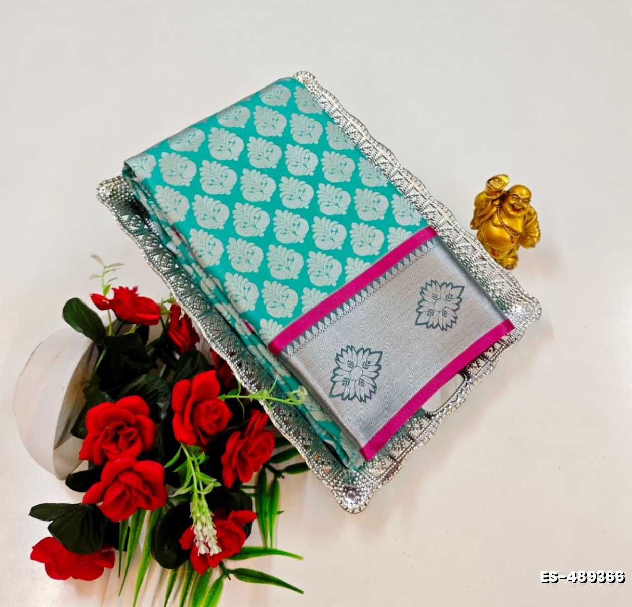 BRIDAL SILK GOLD SILVAR AND COPPER ZARI WEAVE AND WEDDING ART SILK SAREES - TUQUOISE (5)