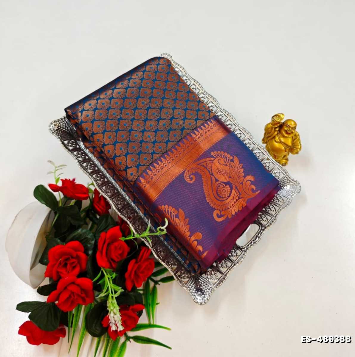 BRIDAL SILK GOLD SILVAR AND COPPER ZARI WEAVE AND WEDDING ART SILK SAREES - PEACKOK BLUE (5)