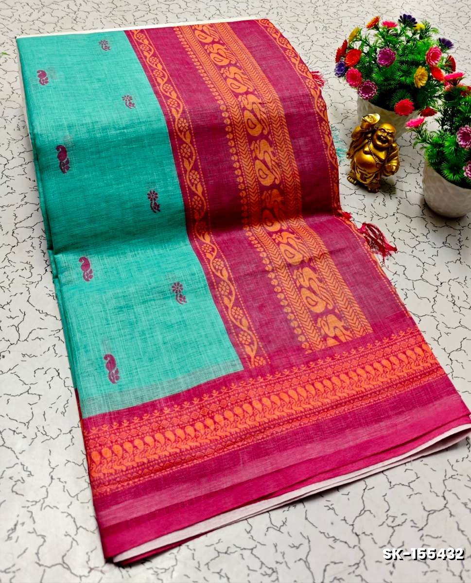 DIGITAL PRINTING KALIYANI LINEN COTTON SAREES - LIGHT SKY BLUE